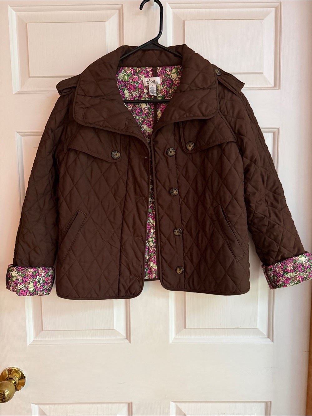 Lilly Pulitzer Brown Quilted Jacket with Pink Floral Lining